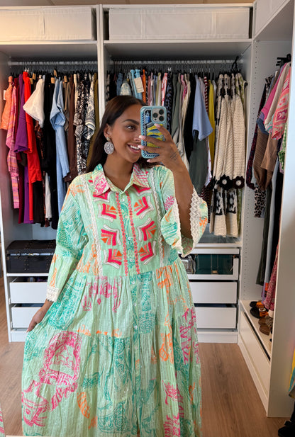 Maxi jurk boho print kleurrijk mintgroen