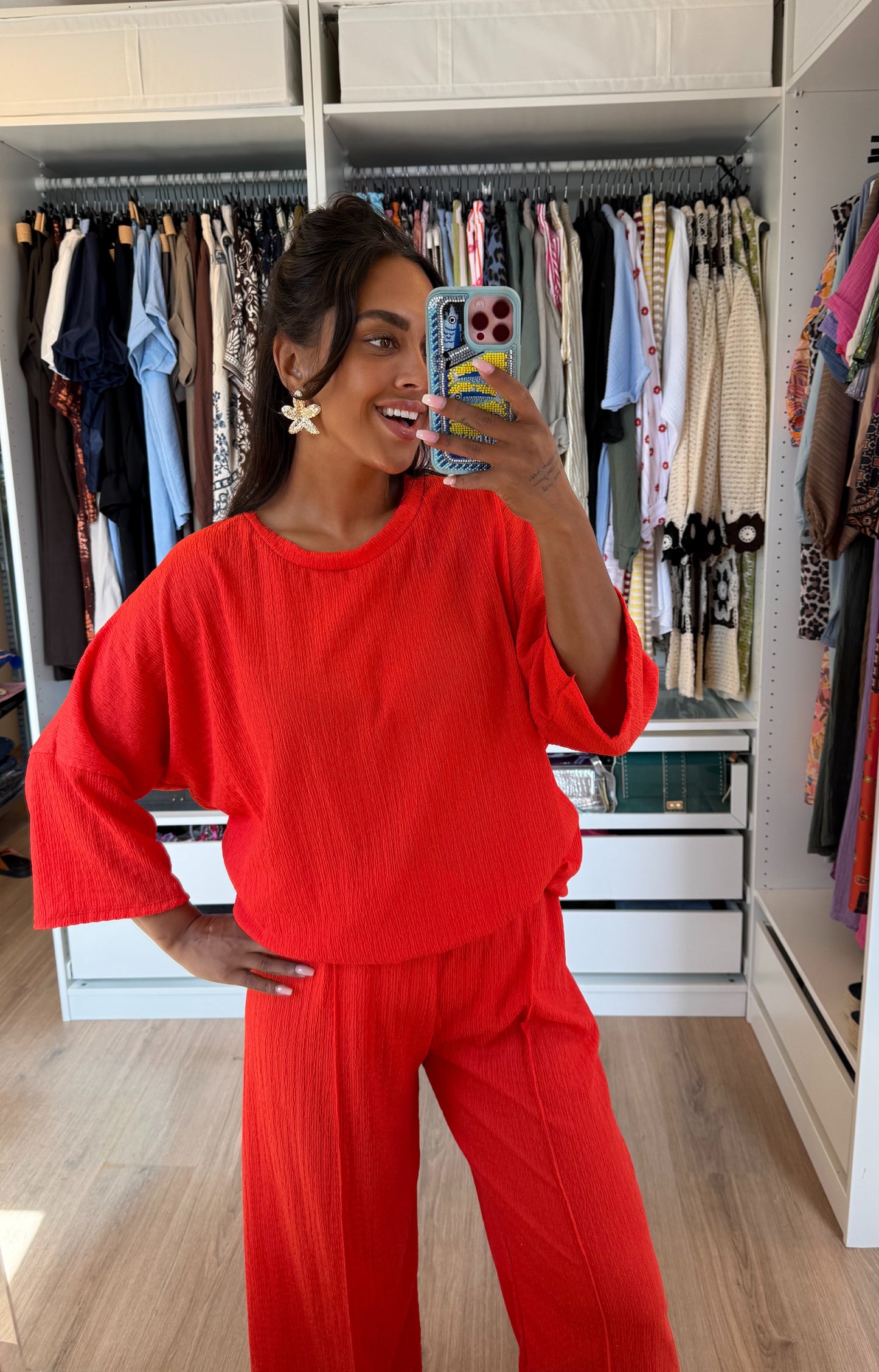 Tweedelige set met crepe print oranje