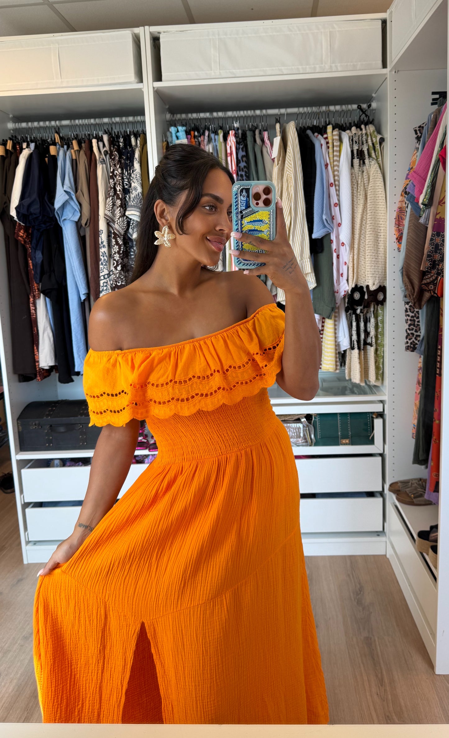 Mousseline maxi jurk met split oranje