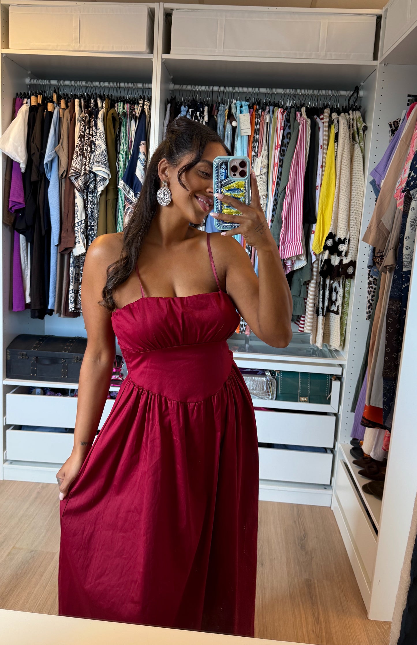 Katoenen midi jurk met empire taille bordeaux
