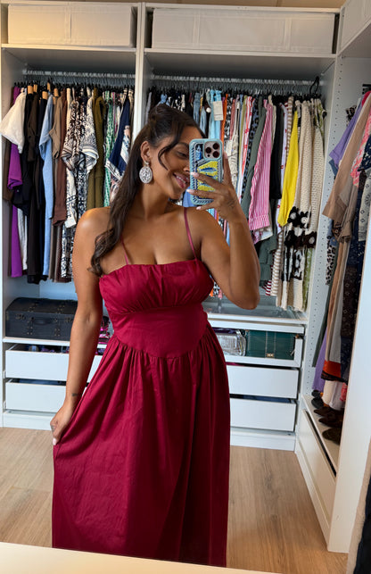 Katoenen midi jurk met empire taille bordeaux