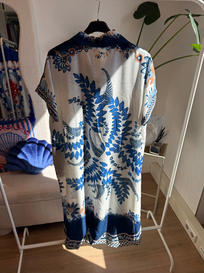Midi linnen jurk dolce vita print blauw & wit