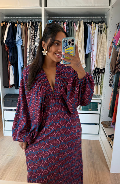Maxi jurk met print & ballonmouwen roze & blauw
