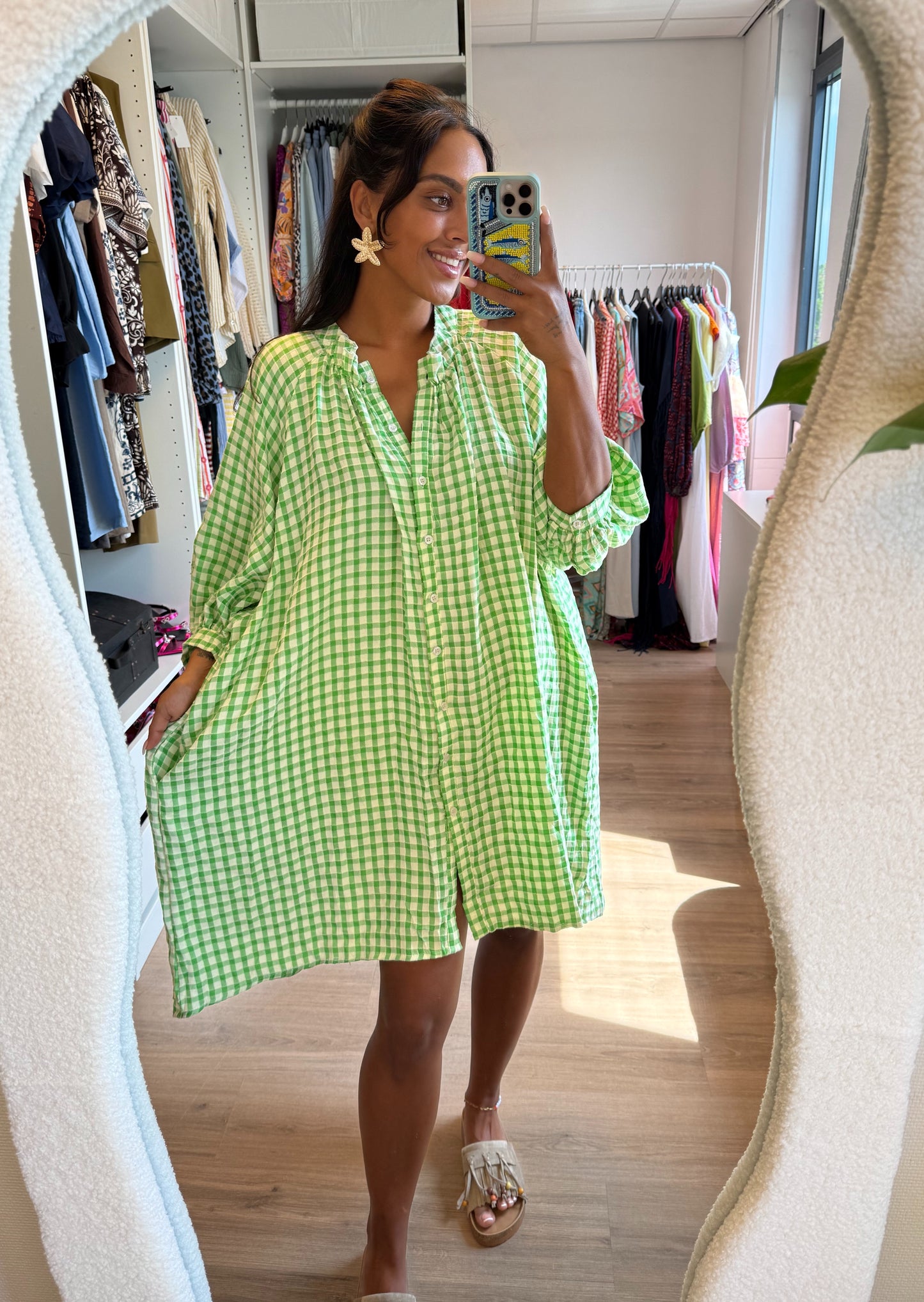 Jurk met ruitjesprint groen & wit