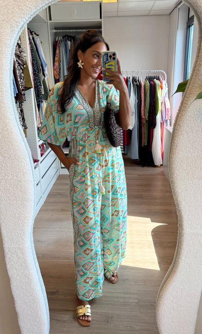 Boho jumpsuit mint met gouden details