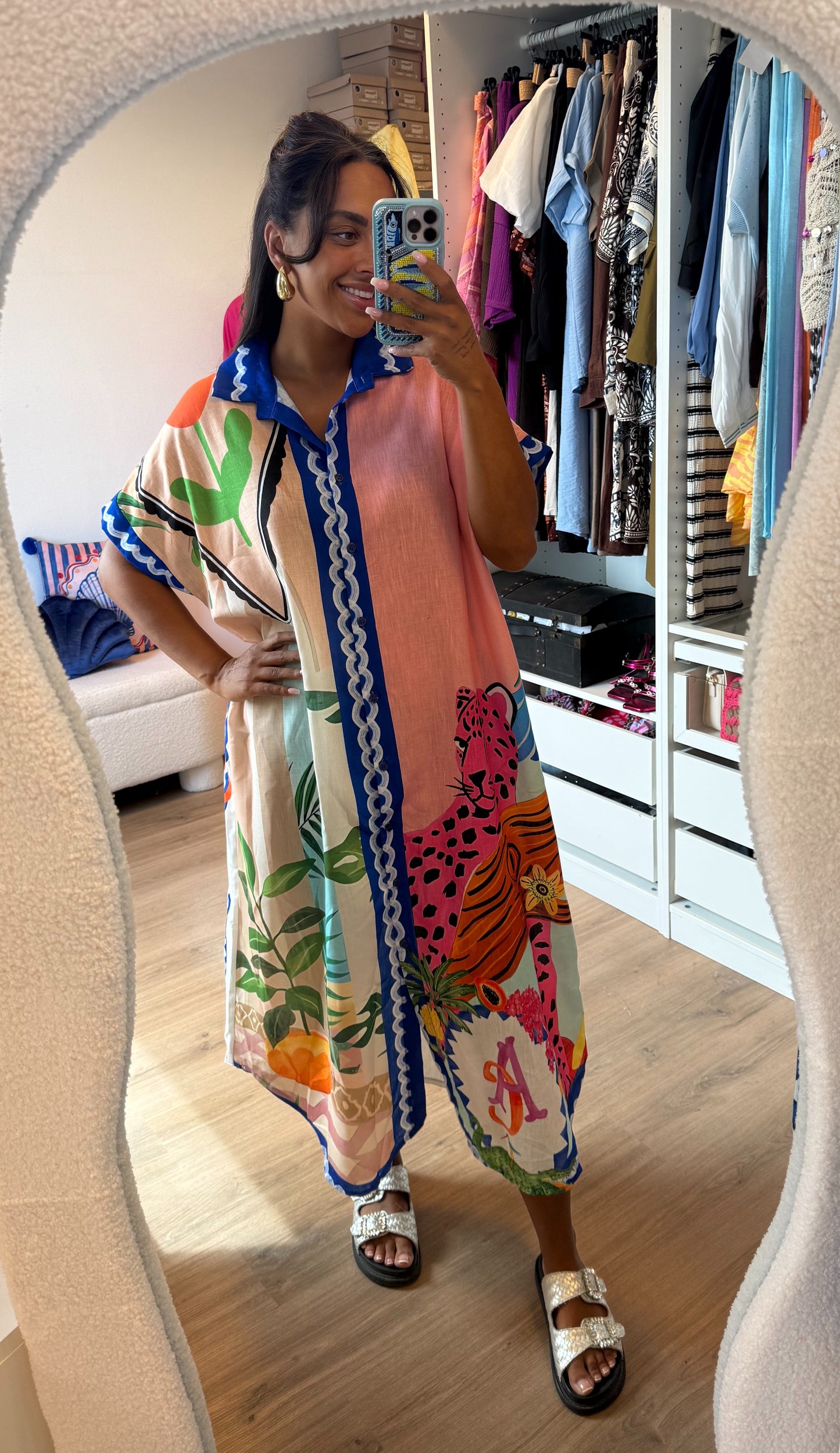 Midi linnen jurk dolce vita print lichtroze & kobalt blauw