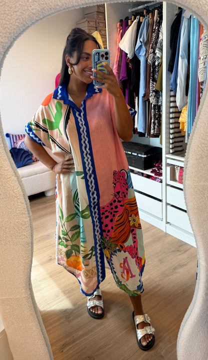 Midi linnen jurk dolce vita print lichtroze & kobalt blauw