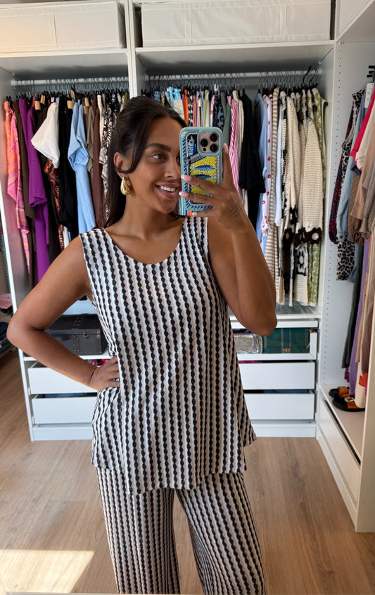 Tweedelige set shiny met print beige & zwart