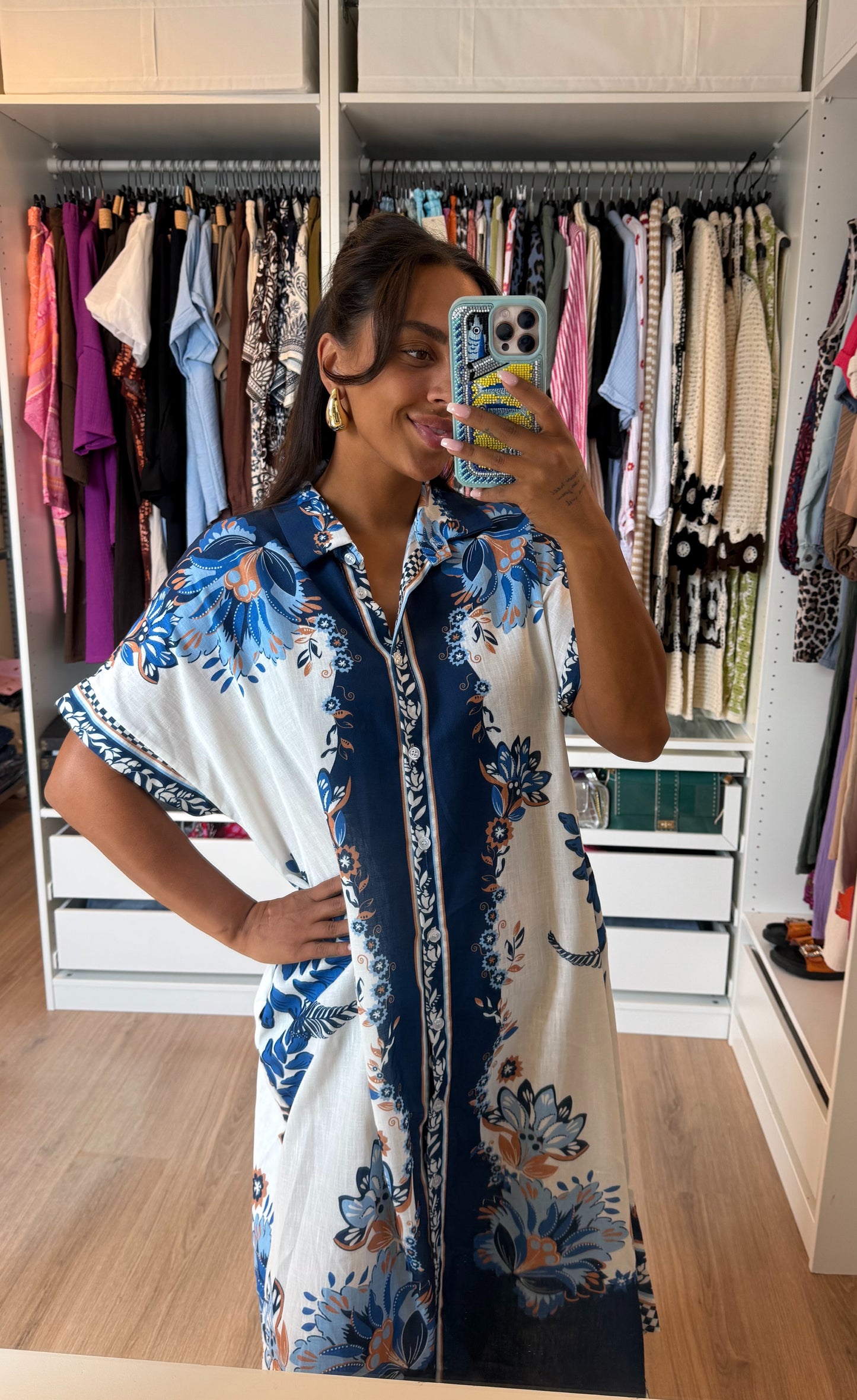 Midi linnen jurk dolce vita print blauw & wit