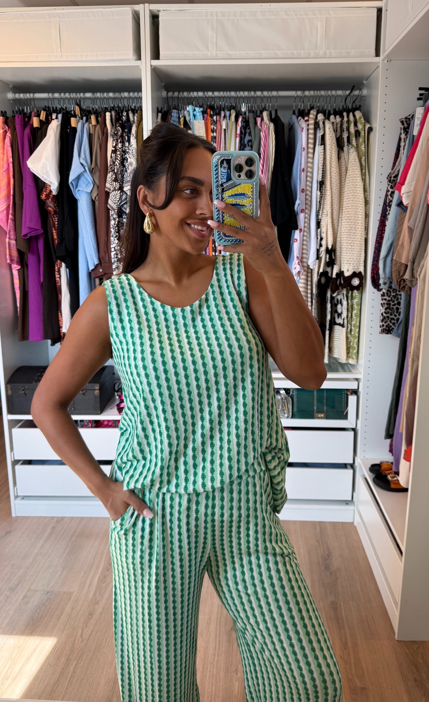 Tweedelige set shiny met print groen & mint