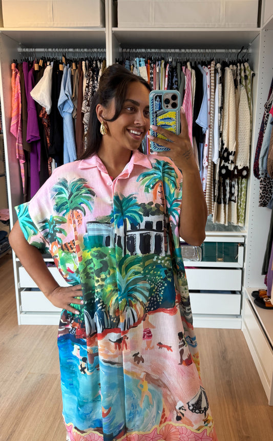 Midi linnen jurk dolce vita print lichtroze