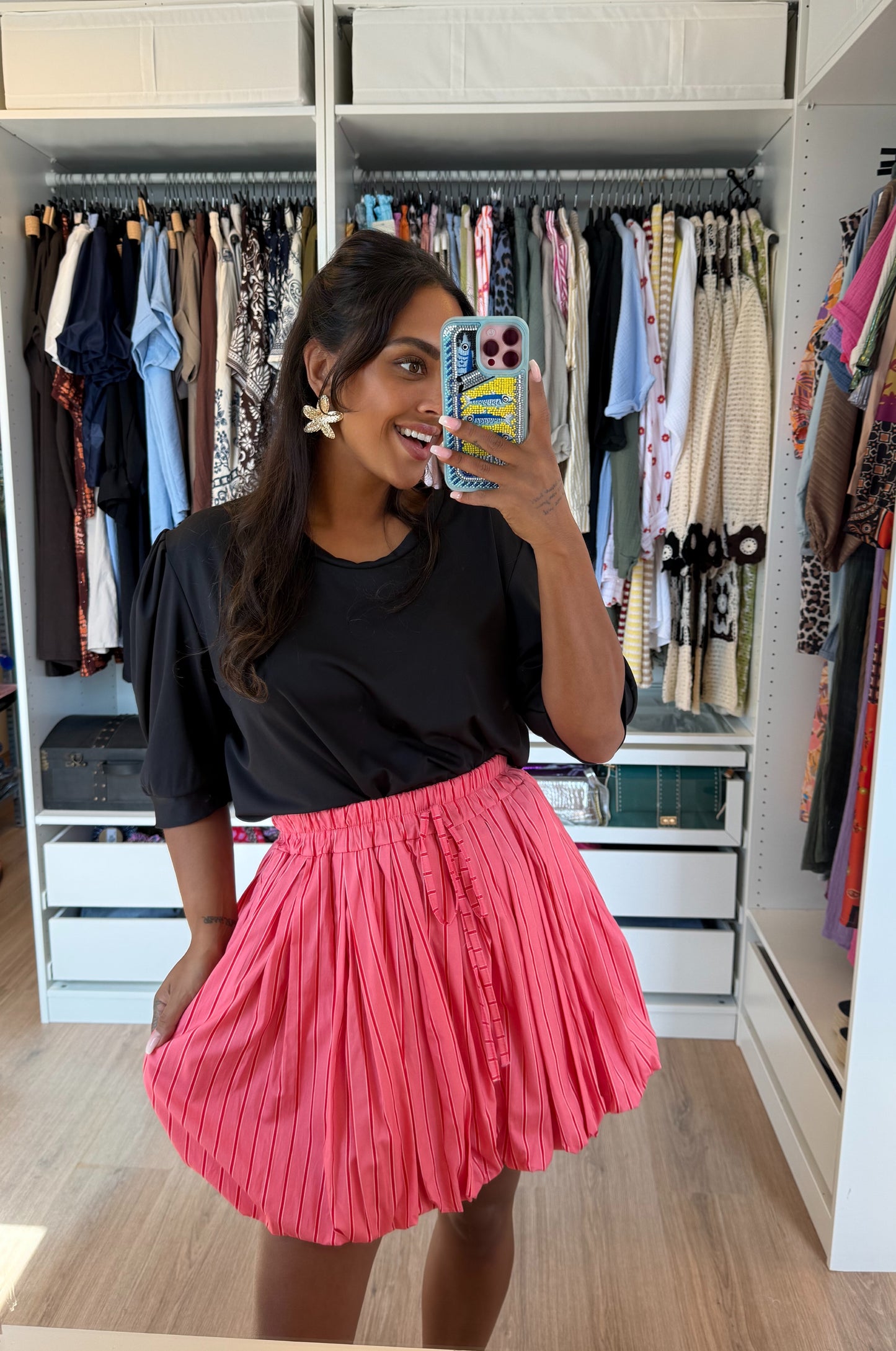 Ballon rok met streepprint roze & rood