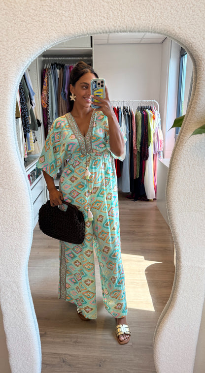 Boho jumpsuit mint met gouden details