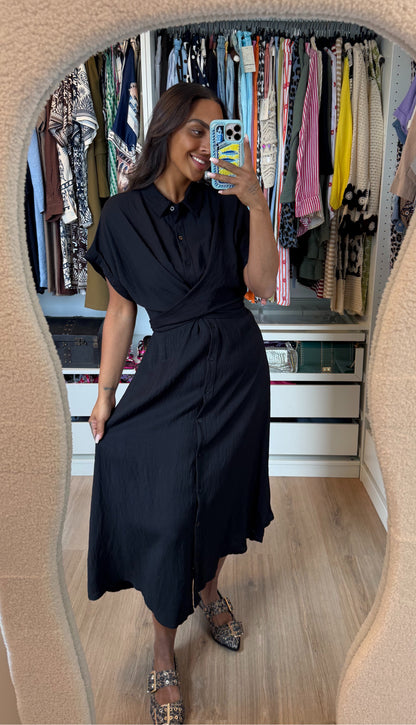Viscose midi jurk met strik zwart