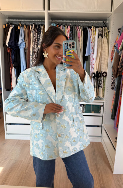 Blazer van jacquard met bloemenprint lichtblauw & goud