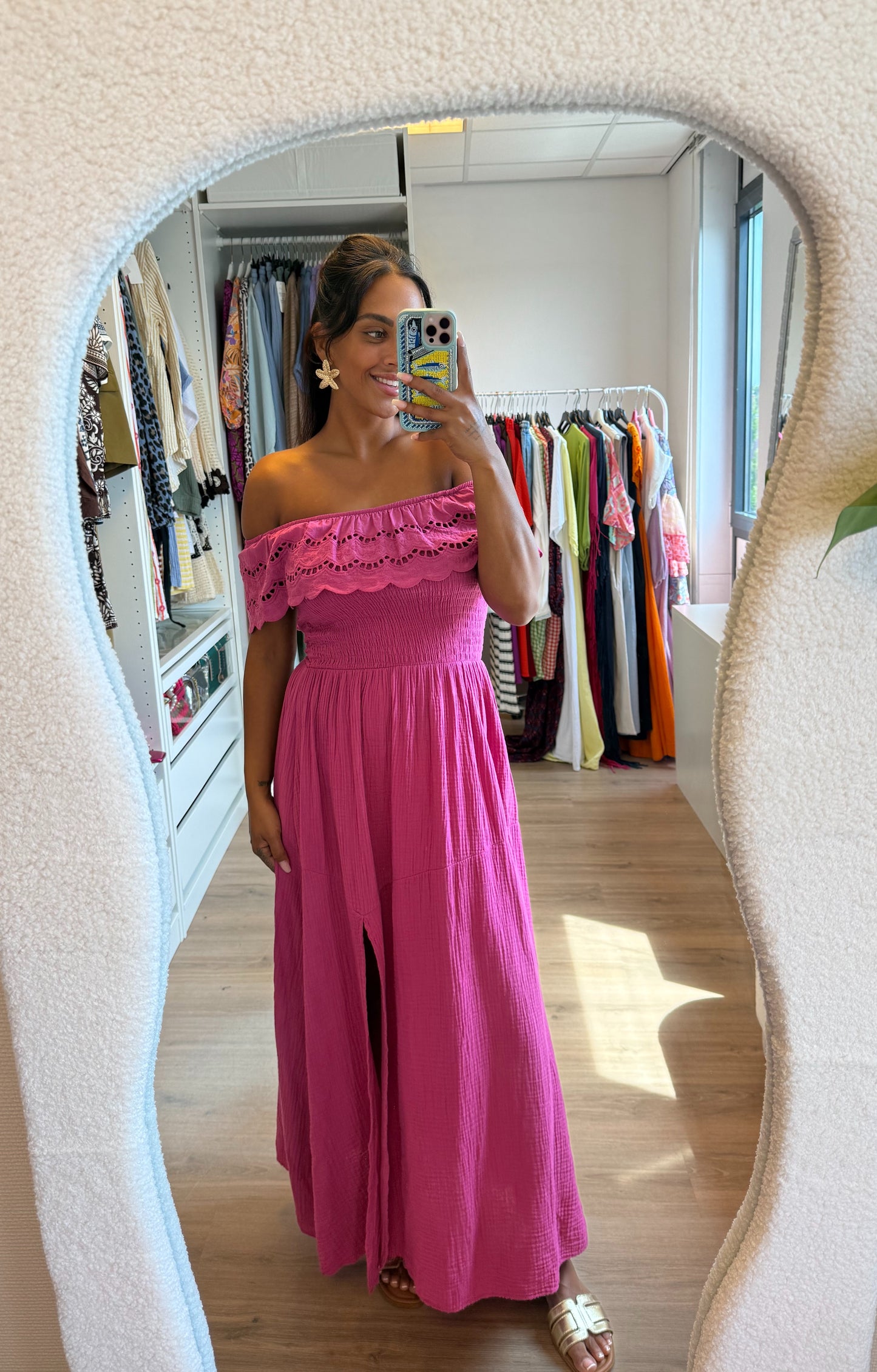 Mousseline maxi jurk met split magenta