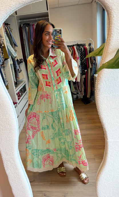 Maxi jurk boho print kleurrijk mintgroen