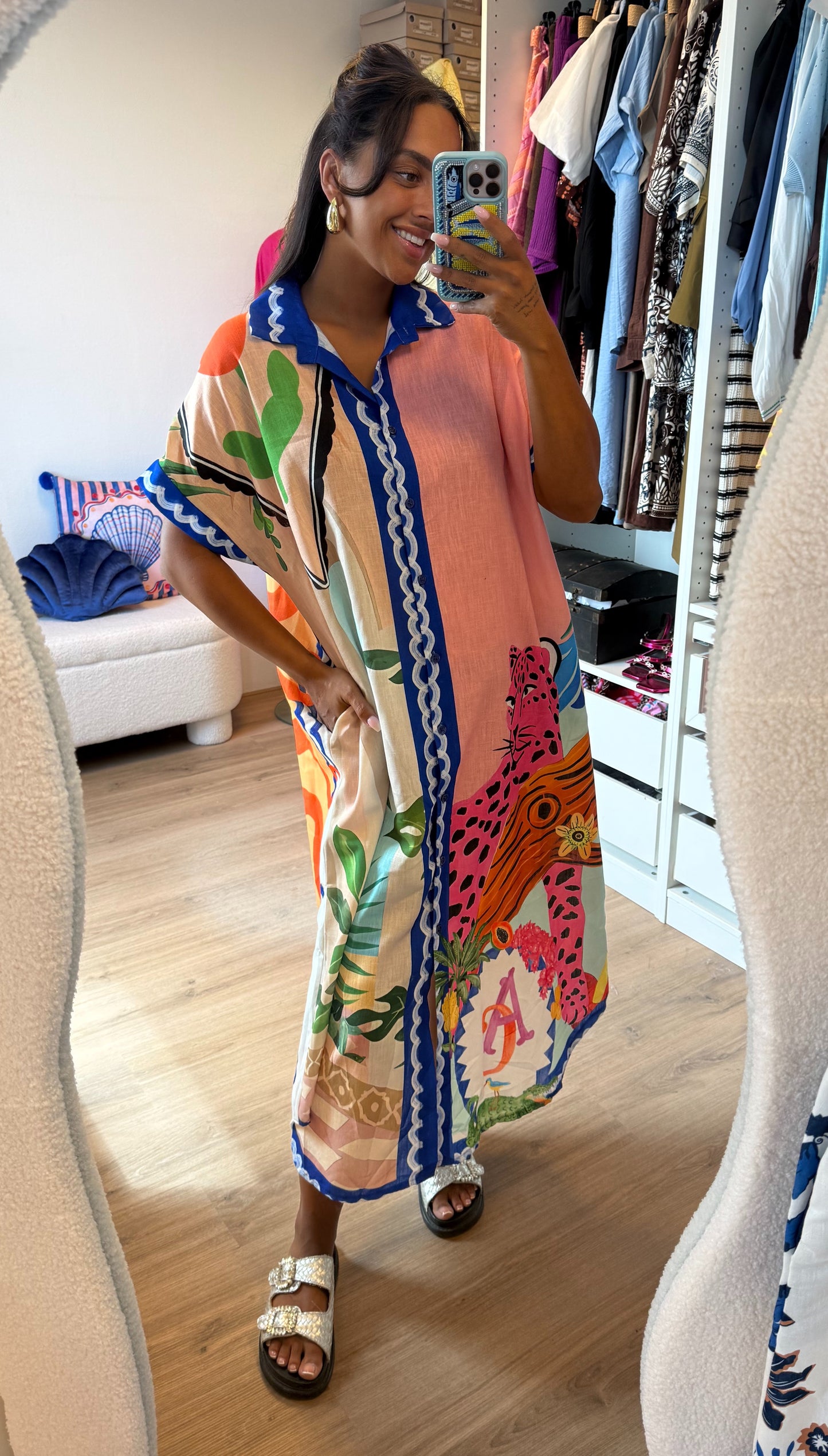 Midi linnen jurk dolce vita print lichtroze & kobalt blauw