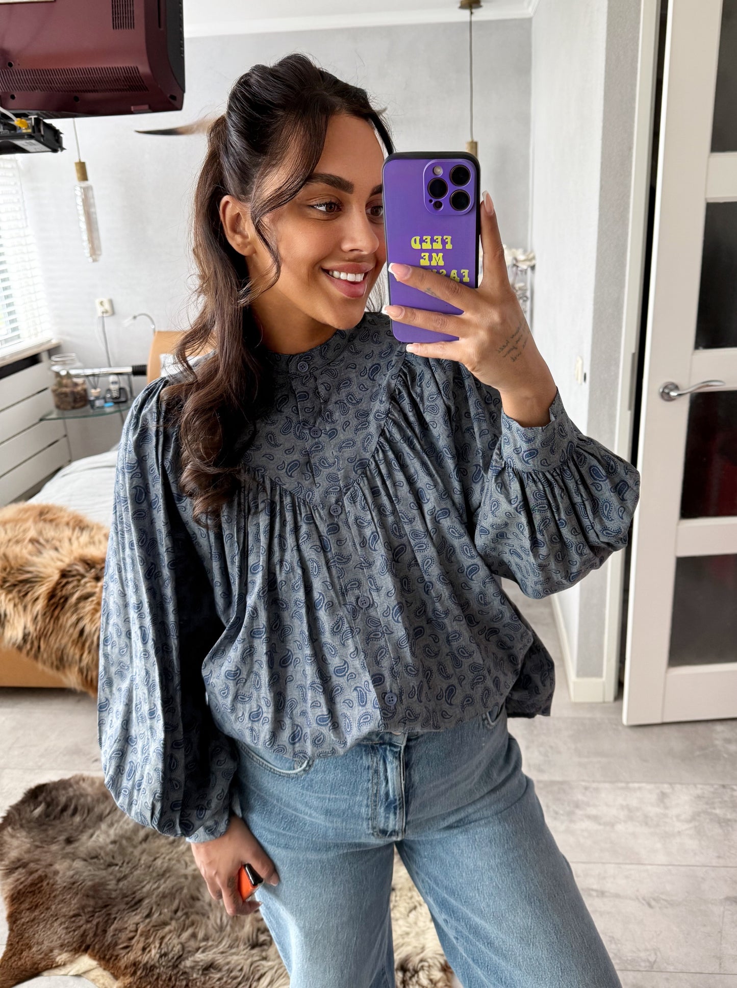Paisley balloon blouse denim blue