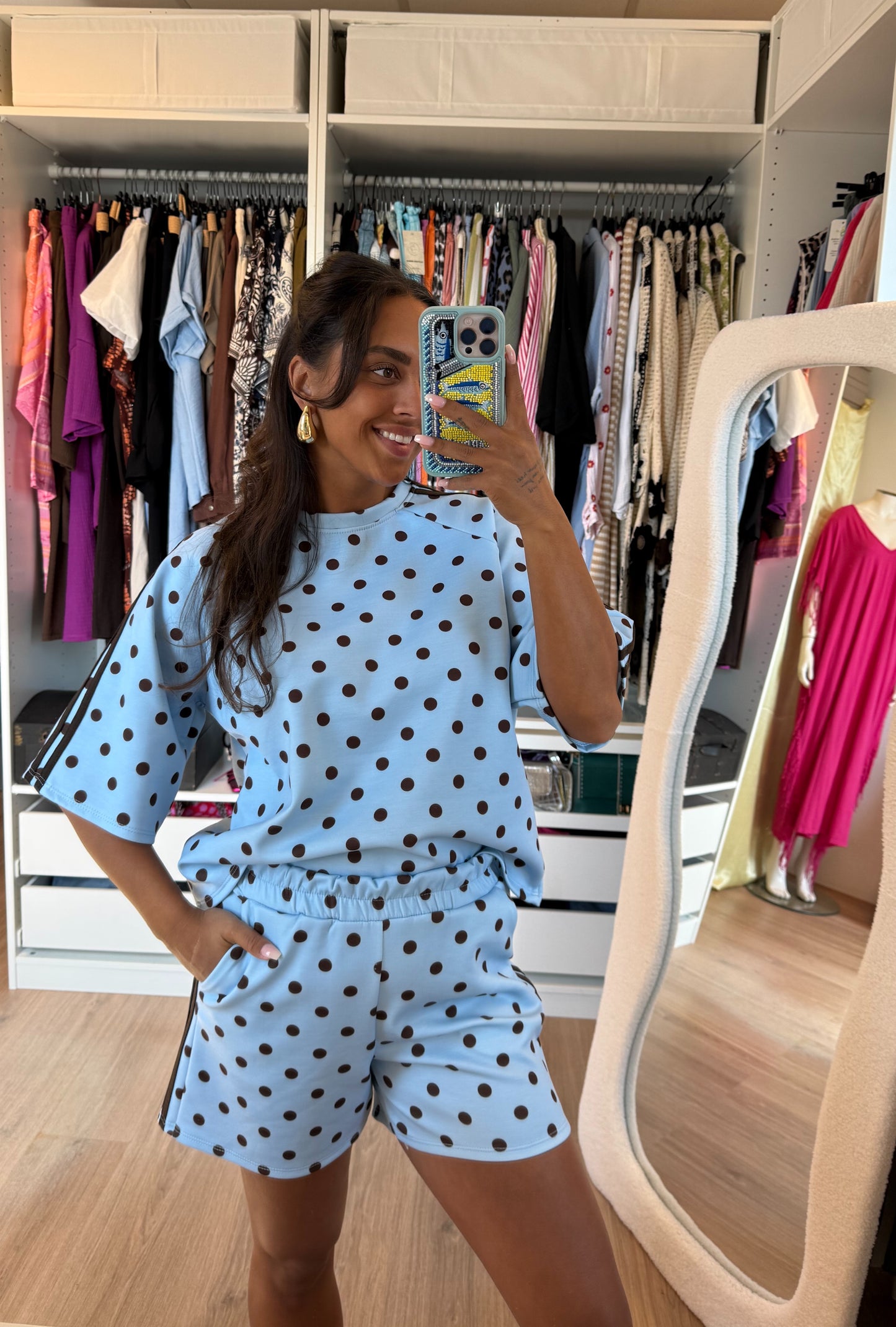 Tweedelige set met polka dot lichtblauw