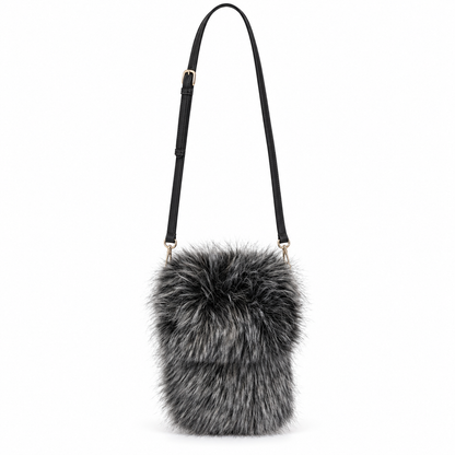 Faux fur telefoon tas zwart/wit met zwarte strap
