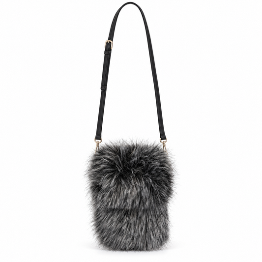 Faux fur telefoon tas zwart/wit met zwarte strap