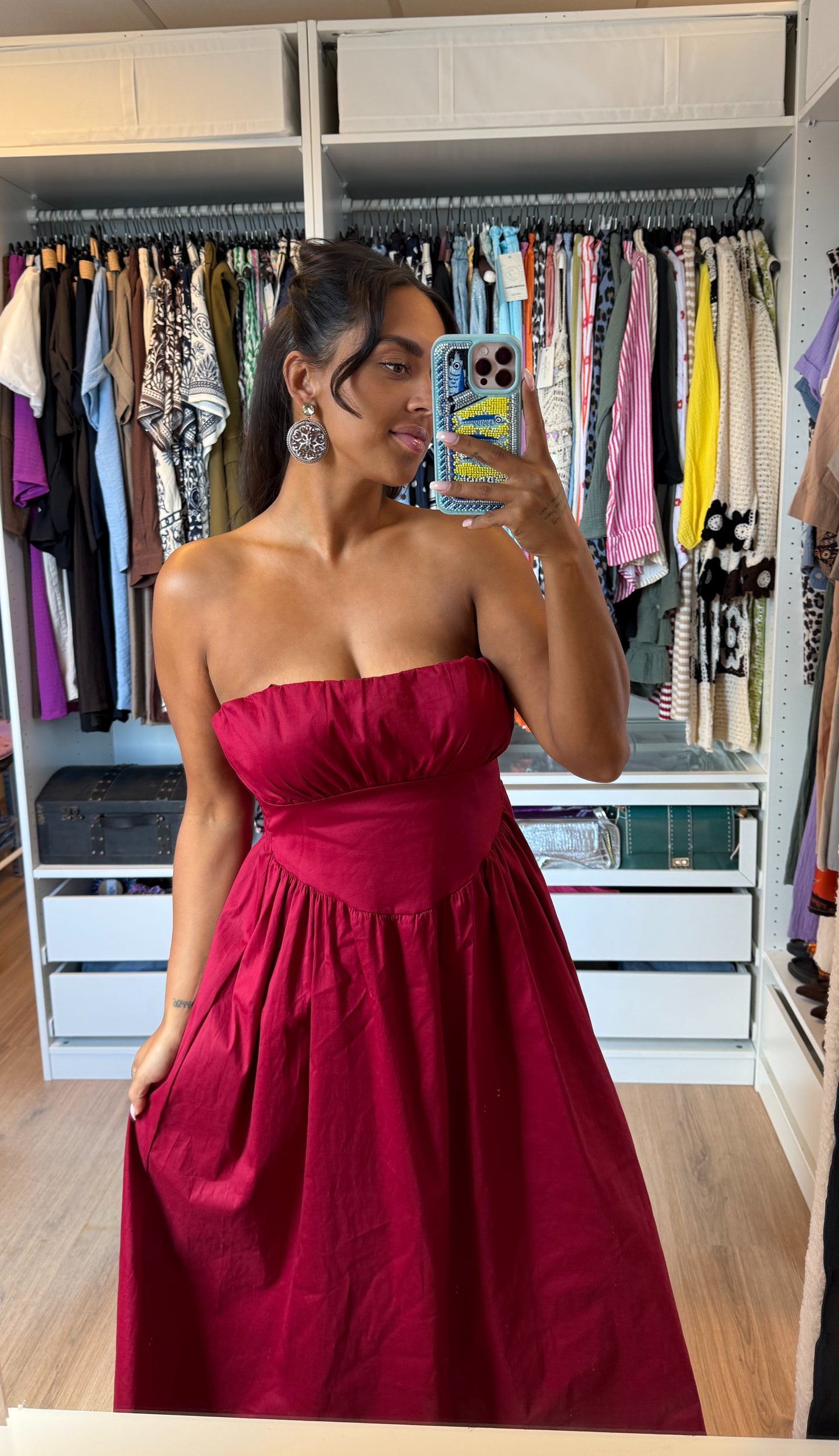 Katoenen midi jurk met empire taille bordeaux