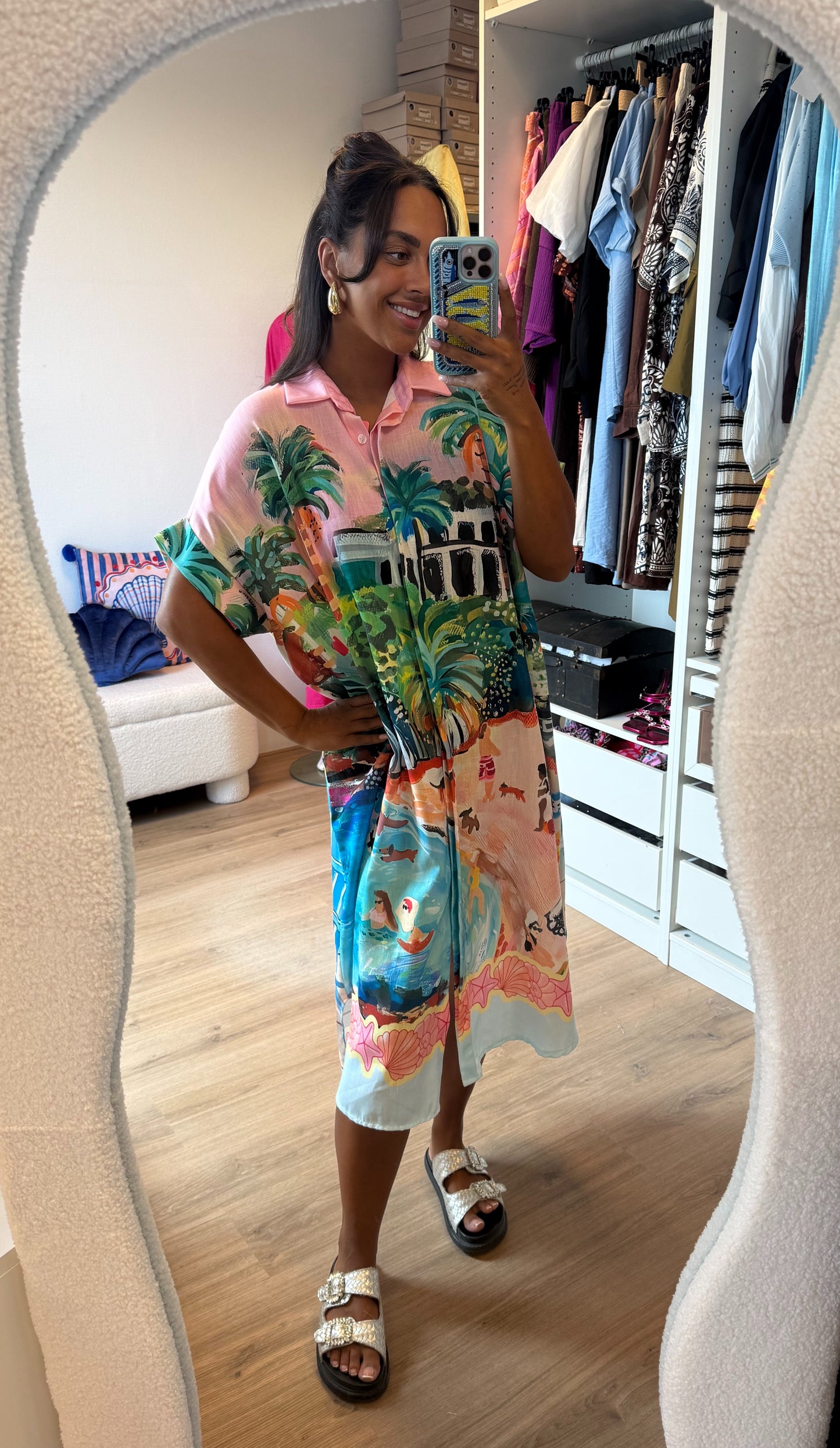 Midi linnen jurk dolce vita print lichtroze