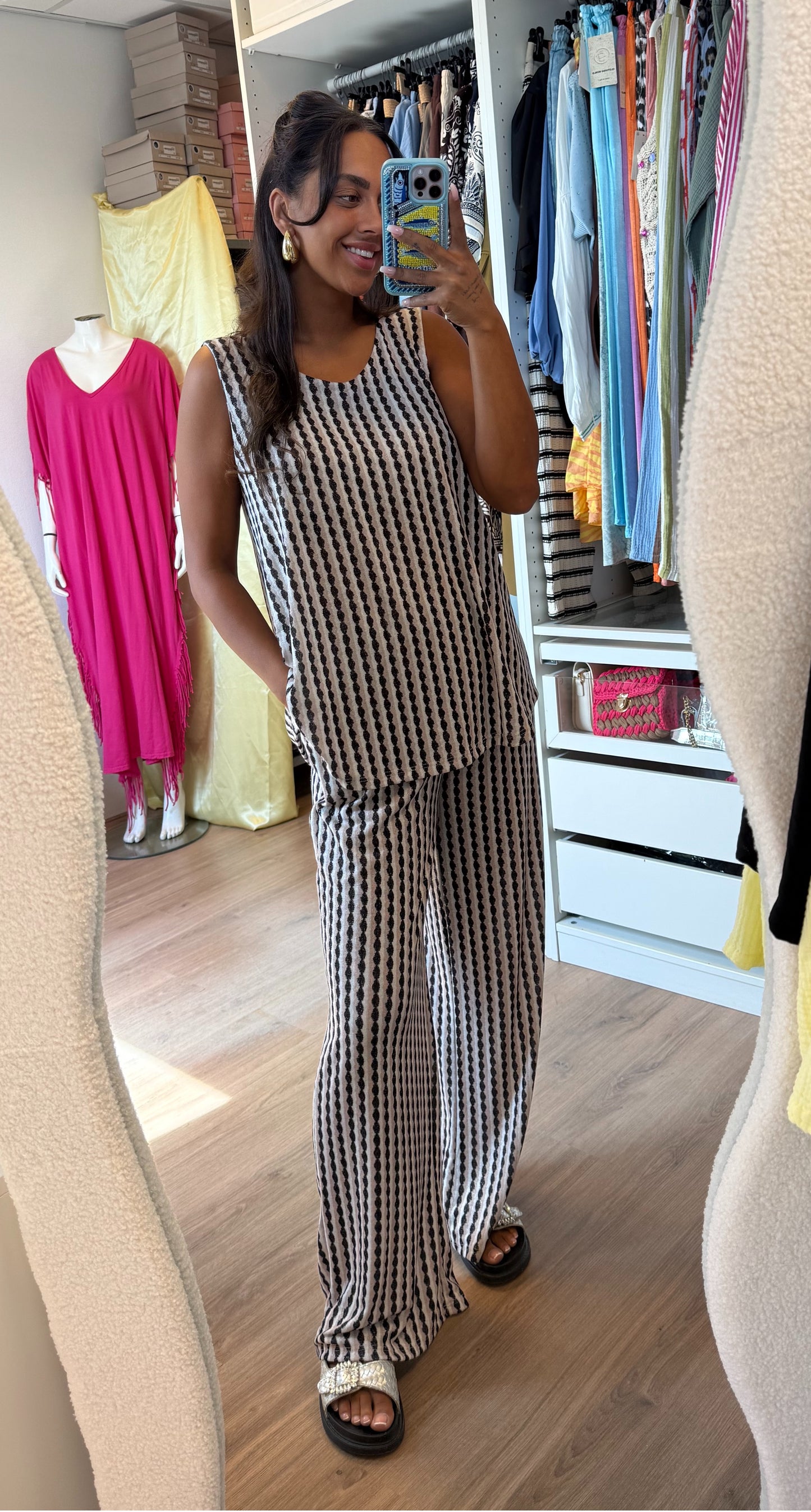 Tweedelige set shiny met print beige & zwart