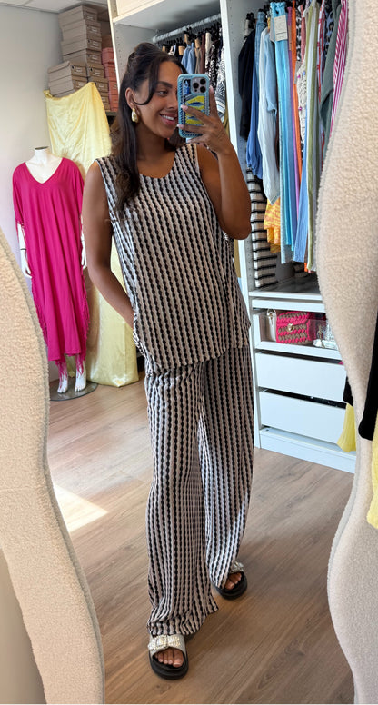 Tweedelige set shiny met print beige & zwart