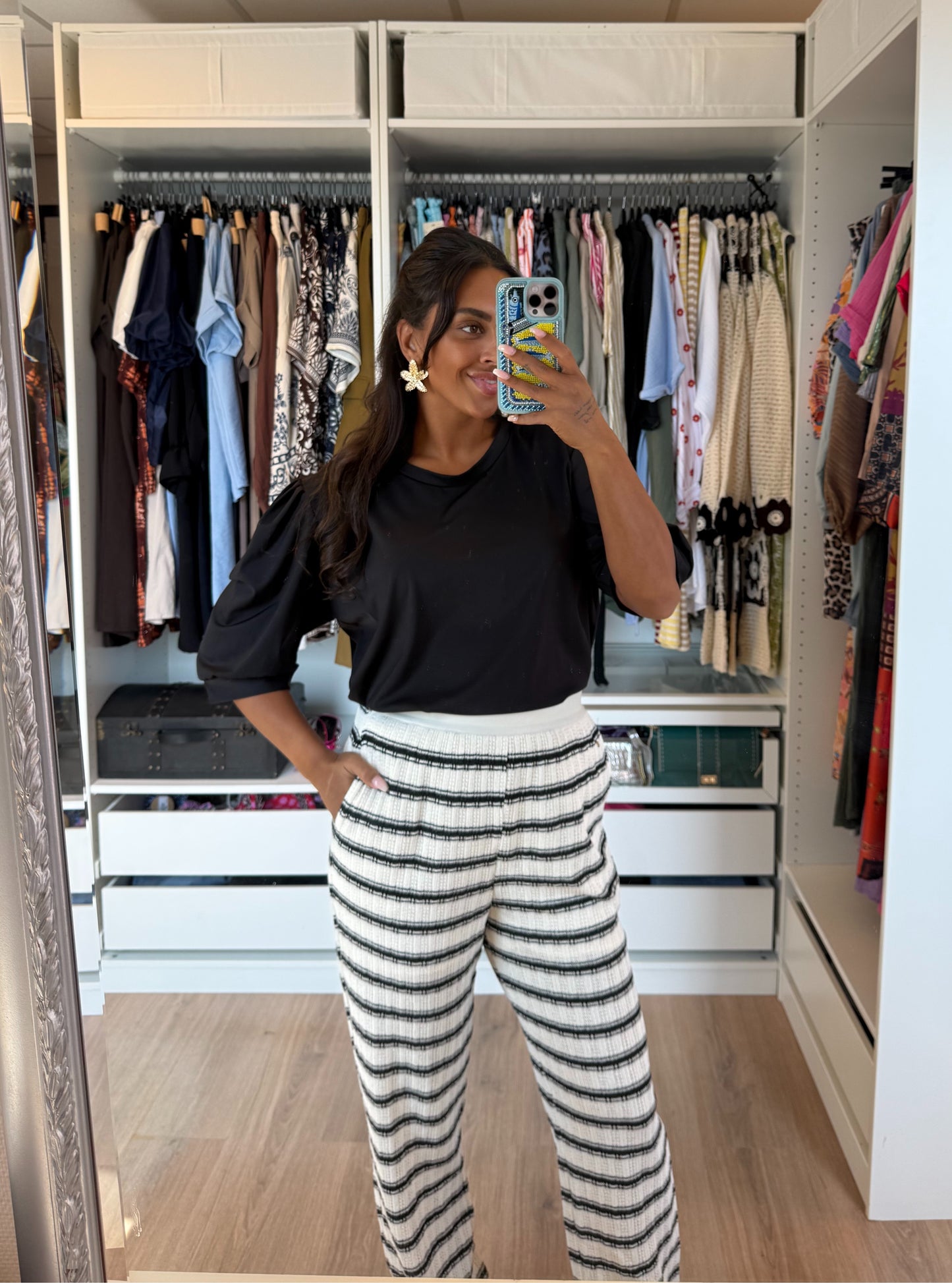 Crochet broek met streepprint zwart & offwhite
