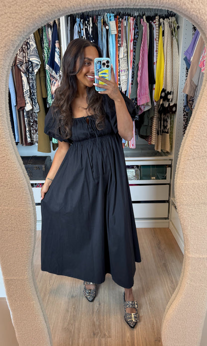Katoenen maxi jurk met pofmouwen zwart