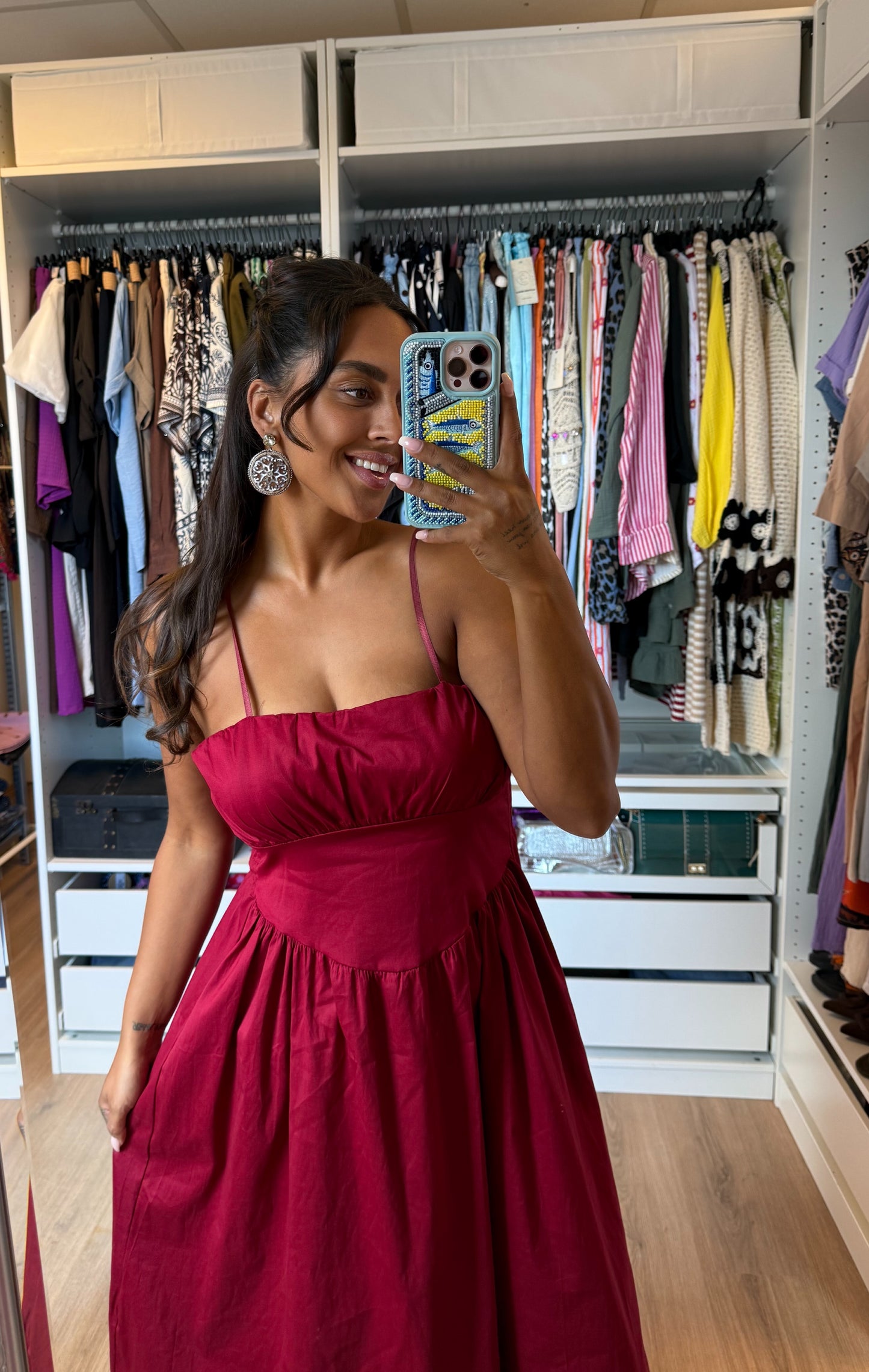 Katoenen midi jurk met empire taille bordeaux