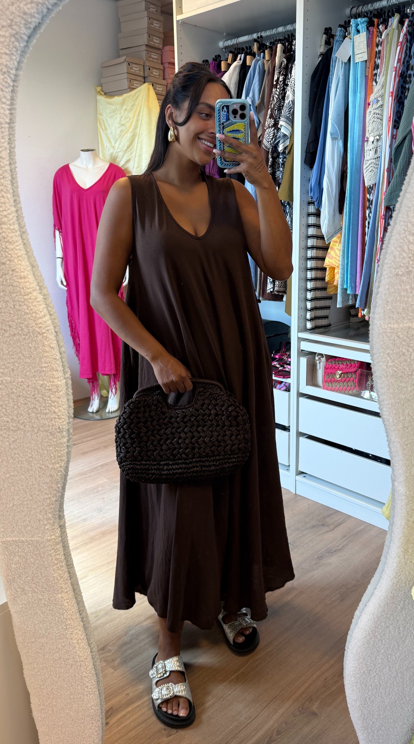 Maxi jurk met v hals choco bruin