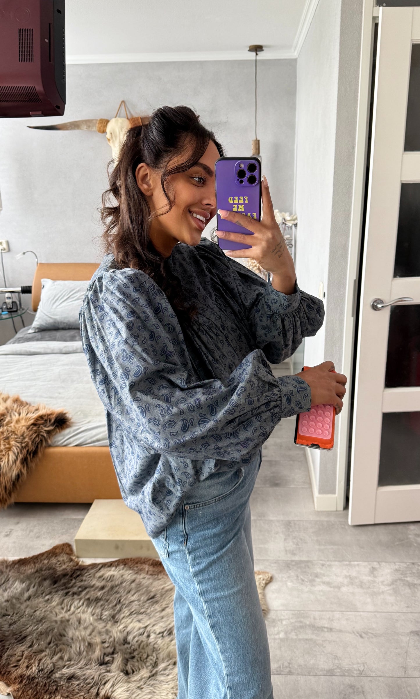 Paisley balloon blouse denim blue