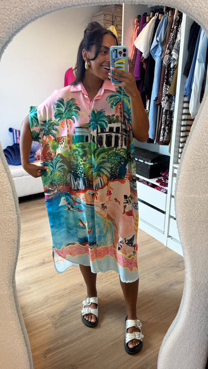 Midi linnen jurk dolce vita print lichtroze
