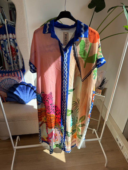 Midi linnen jurk dolce vita print lichtroze & kobalt blauw