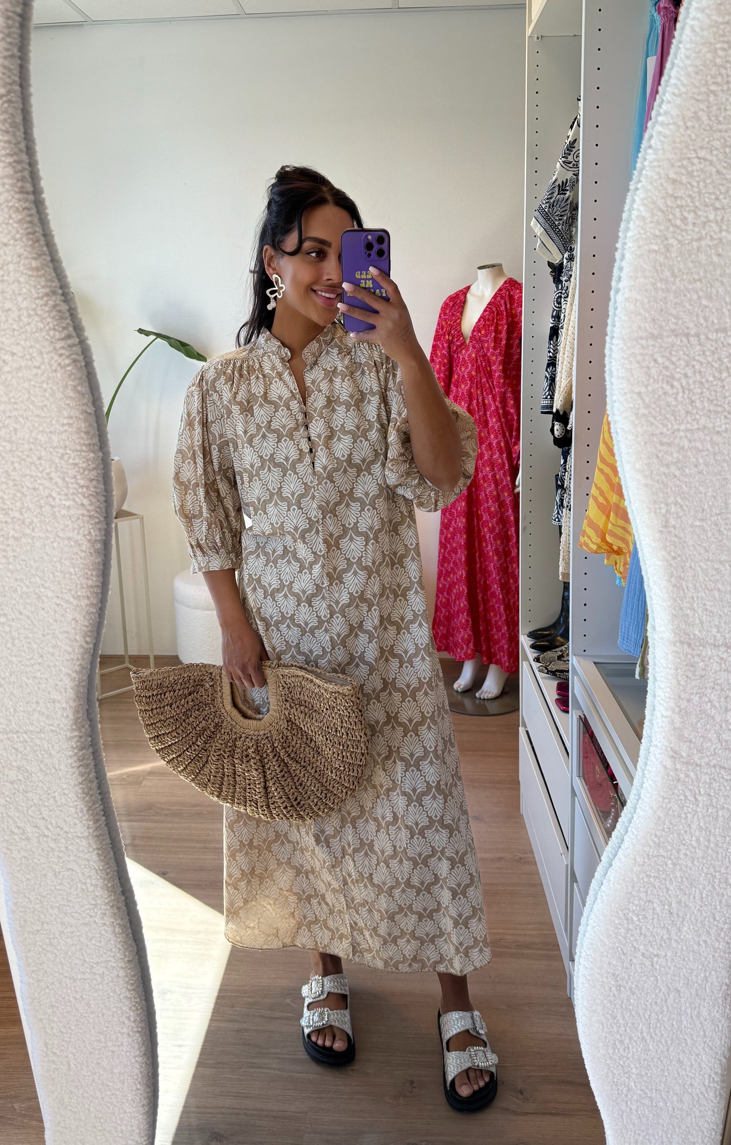 Maxi jurk met boho print beige