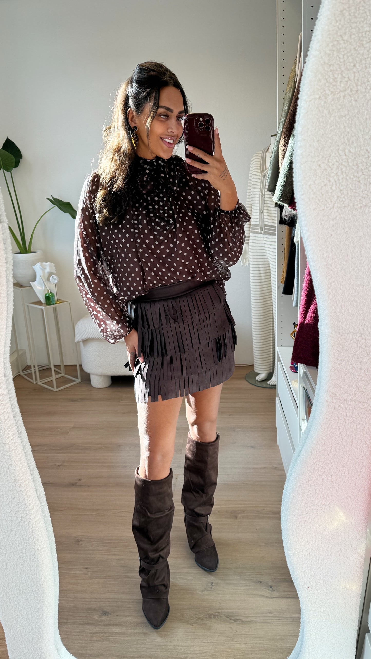 Suede look fringe skort choco brown