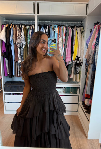Cotton strapless maxi ruffle jurk choco bruin