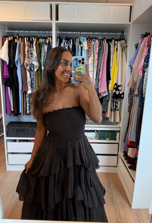 Cotton strapless maxi ruffle jurk choco bruin