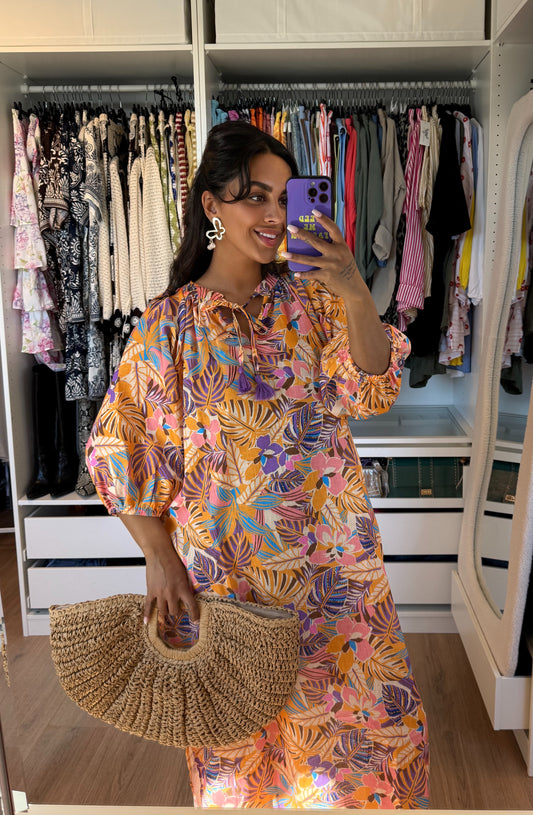 Maxi jurk met print oranje & paars