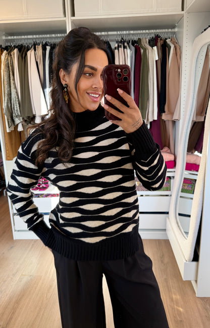 Print sweater black & beige