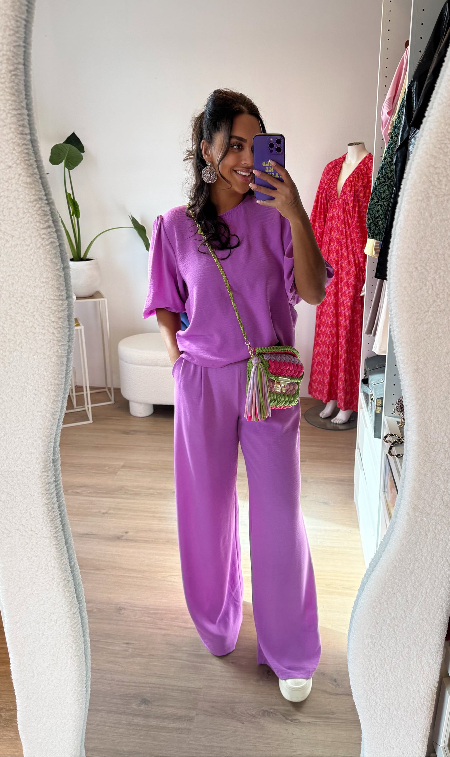 Olivia gevlochten tas lime & pink