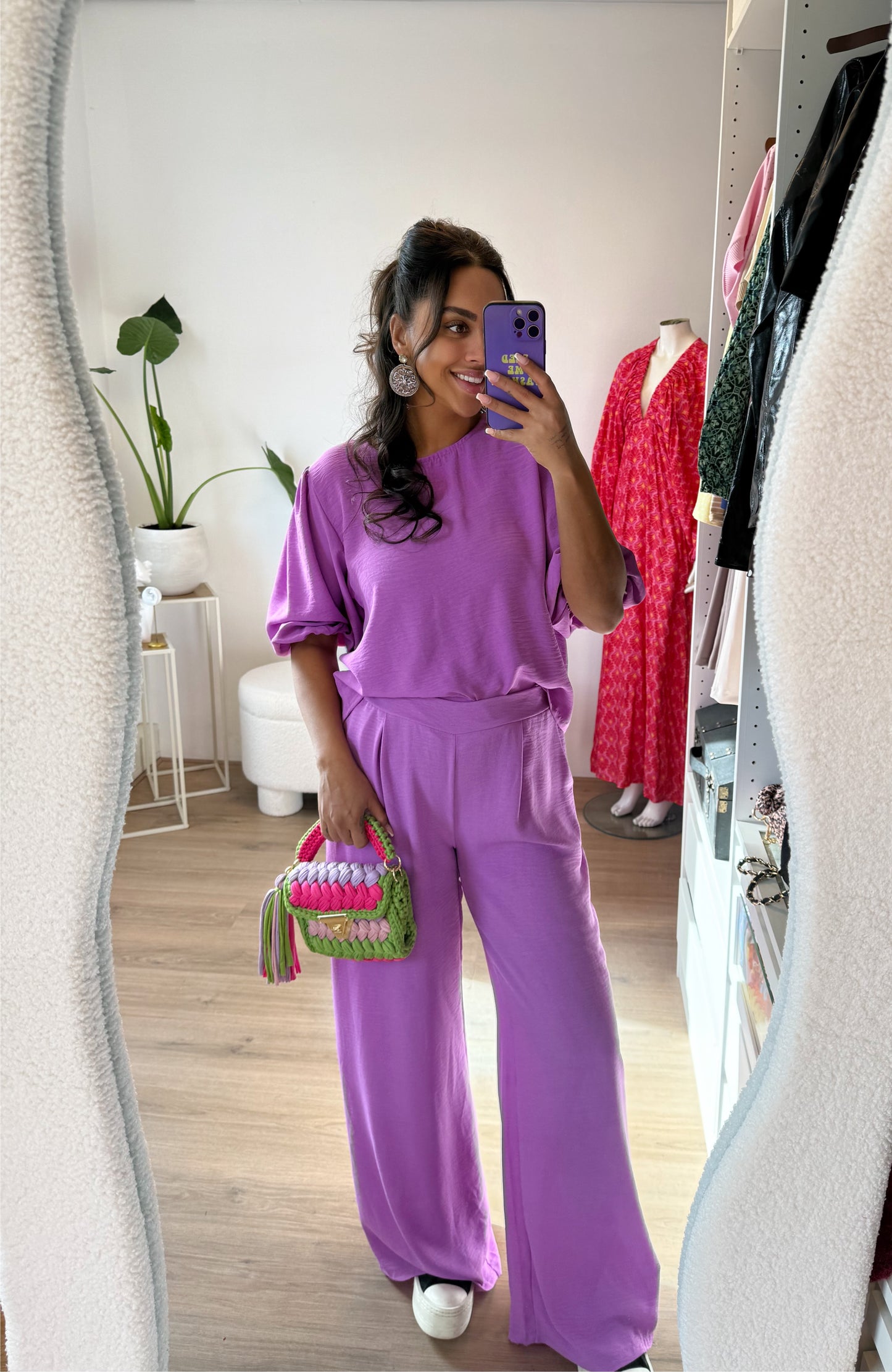 Olivia gevlochten tas lime & pink