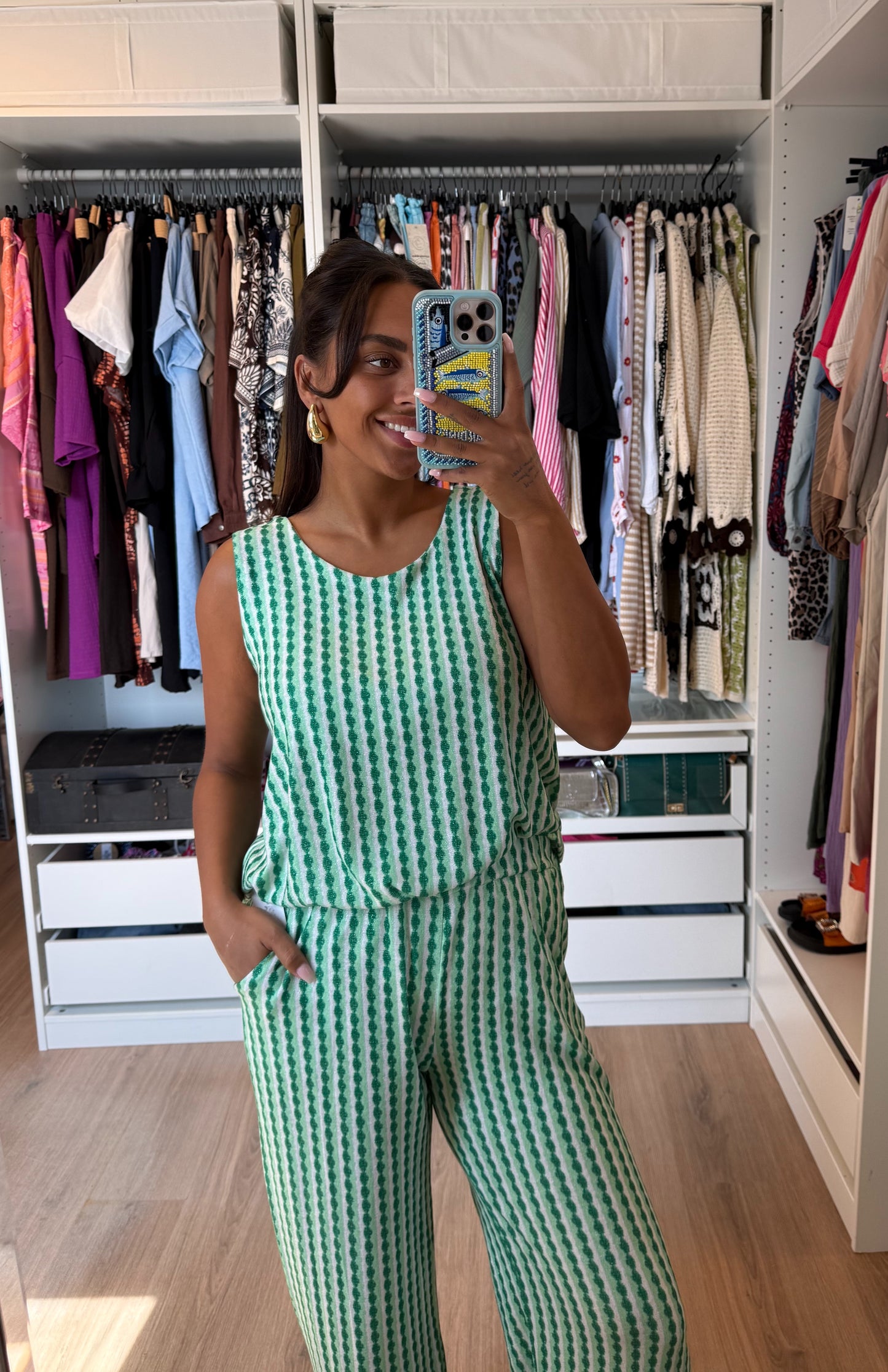 Tweedelige set shiny met print groen & mint