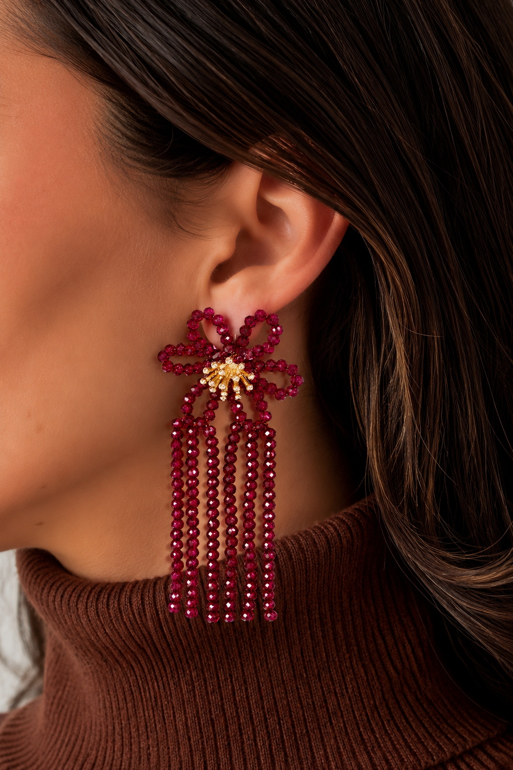 Glass Dangle Earrings Flower Party - Bordeaux