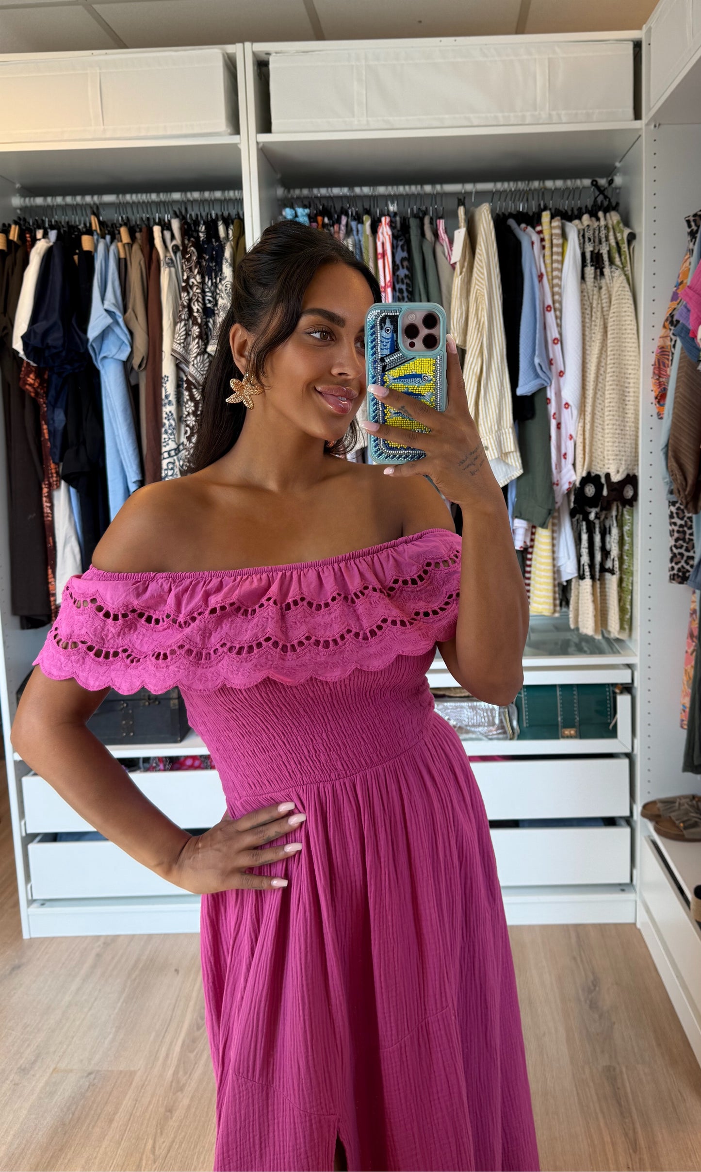 Mousseline maxi jurk met split magenta