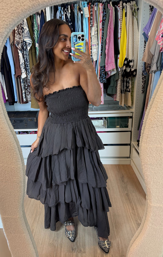 Cotton strapless maxi ruffle jurk choco bruin