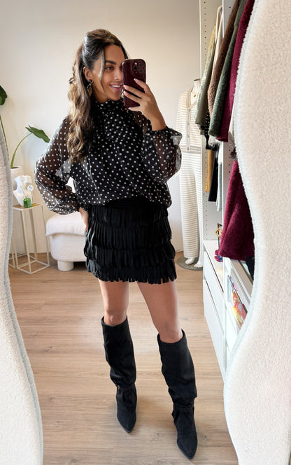 Suede look fringe skort black